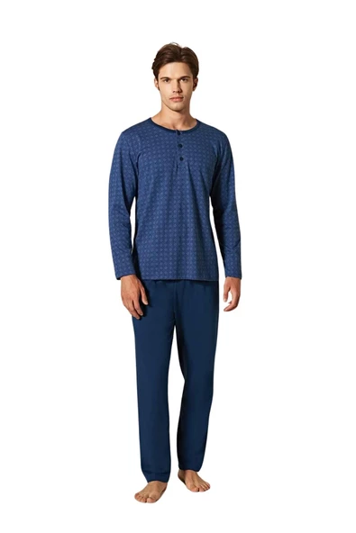 Pijadore Erkek Lacivert Viskon Uzun Kollu Pamuklu Pijama Takımı 1753 ürün görseli 1