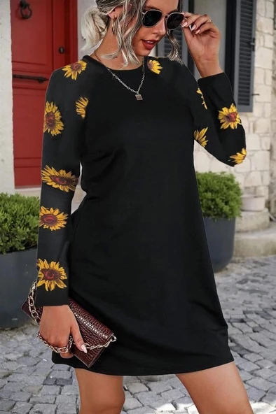 Kadın Uzun Kollu Bisiklet Yaka Krep Mini Boy Elbise ürün görseli 1