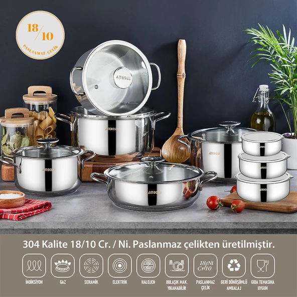 16 Parça Cool Prime Paslanmaz Çelik Tencere Seti & Çelik Saklama Kabı ürün görseli 1