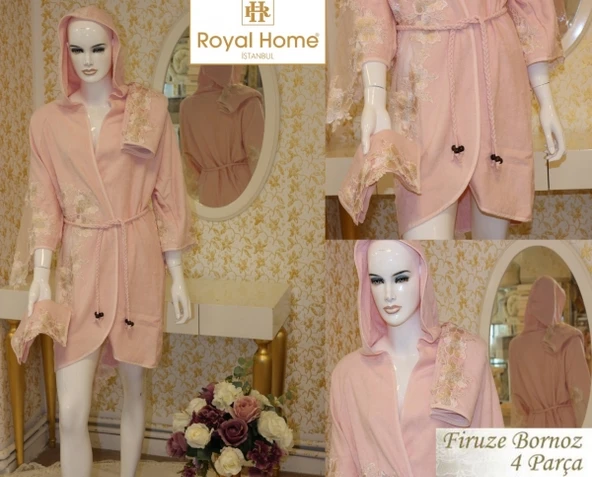 Royal Home 4 Parça Bayan Bornoz Seti-FİRUZE PUDRA ürün görseli 1