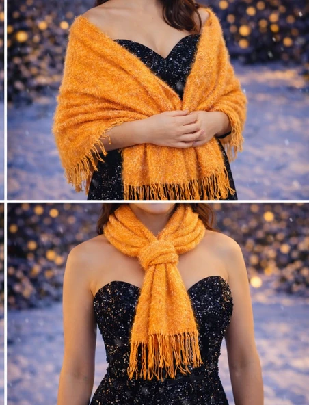 Mandaş Style El Dokuma Angora Bayan Şalı-Hardal - Resim 2