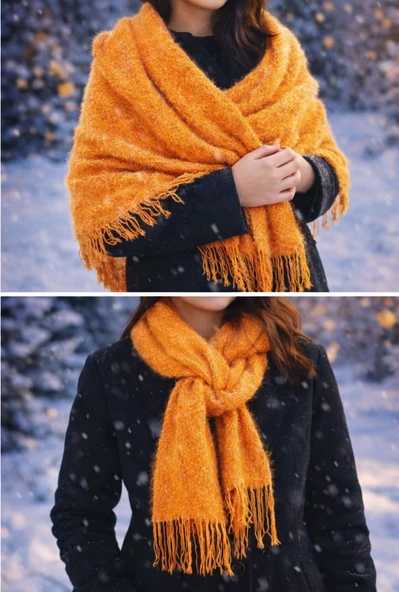 Mandaş Style El Dokuma Angora Bayan Şalı-Hardal - Resim 4