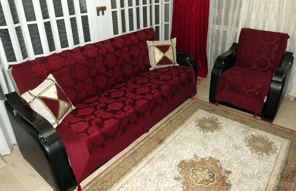 Milenyum Saraylı Lüx kolsuz  Maxi Koltuk Örtüsü Takımı (3+3+1+1)-Bordo ürün görseli 1