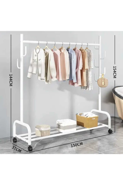 Metal Beyaz Portmanto Konfeksiyon Askısı Ayaklı Askılık Elbise Askılığı Tekerlekli 154*150 Cm 1063 ürün görseli 1
