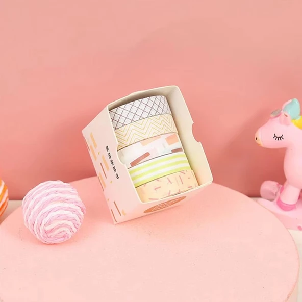 Vintage Washi Tape Bant Baskılı Yapışkanlı Maskeleme Kağıdı Desenli bant 5 li - Geometrik N1 ürün görseli 1