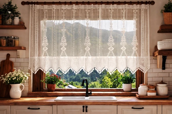 Buldan Tül Perde El İşi Dantelli Naturel Makrome Palmiye Desen(250x150) ürün görseli 1