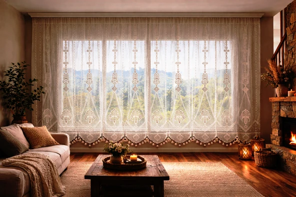 Buldan Tül Perde El İşi Dantelli Naturel Makrome Palmiye Desen(300x190) ürün görseli 1