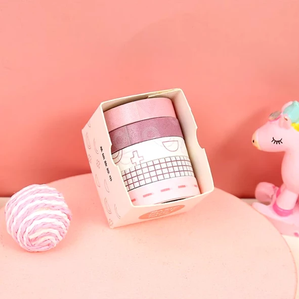 Vintage Washi Tape Bant Baskılı Yapışkanlı Maskeleme Kağıdı Desenli bant 5 li - Geometrik N2 ürün görseli 1