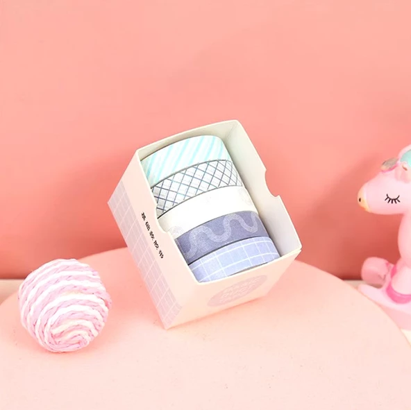 Vintage Washi Tape Bant Baskılı Yapışkanlı Maskeleme Kağıdı Desenli bant 5 li - Geometrik N4 ürün görseli 1