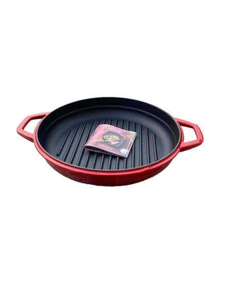 HOSSE 28 cm Yuvarlak Demir Döküm Grill Tava Çift Kulplu Kırmızı ürün görseli 1