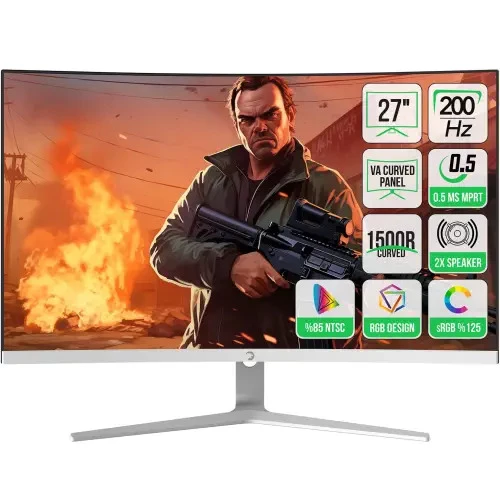 GamePower Vivid T50 27″ 1500R Curved RGB 200Hz 0.5ms FHD 2x2W Speaker VA Beyaz Gaming Monitör (Sıfır Ölü Piksel Garantili) ürün görseli 1