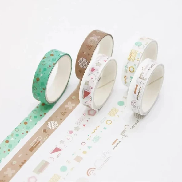 Vintage Washi Tape Bant Baskılı Yapışkanlı Maskeleme Kağıdı Sevimli Desenli bant 5 li - Geometri ürün görseli 1
