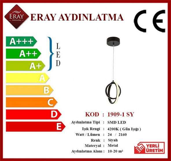 Eray Aydınlatma 1909-1 Siyah Tekli Led Avize - Resim 3