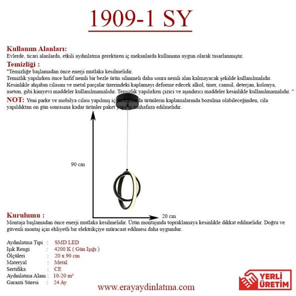 Eray Aydınlatma 1909-1 Siyah Tekli Led Avize - Resim 4