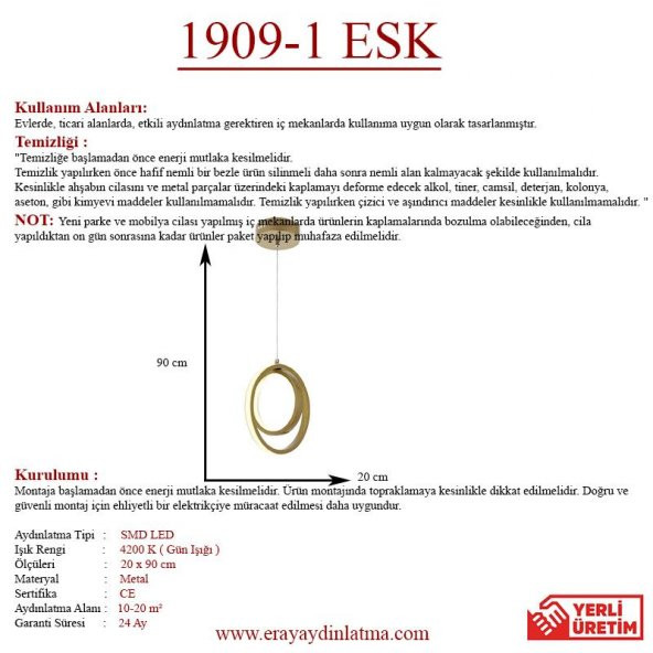 Eray Aydınlatma 1909-1 Eskitme Tekli Led Avize - Resim 3