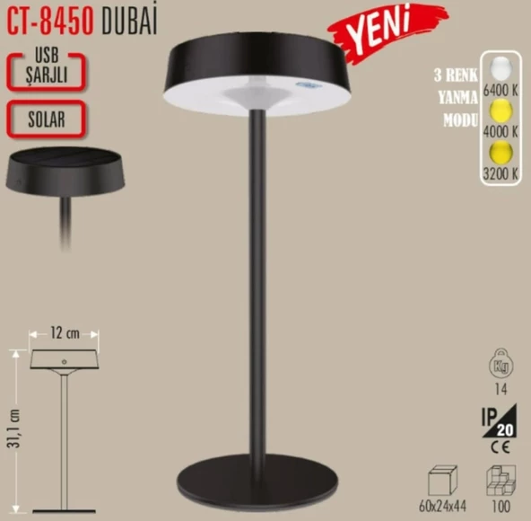 CATA Solar Şarjlı Ledli DUBAİ Masa Lambası 3 Renk Işık Abajur ürün görseli 1