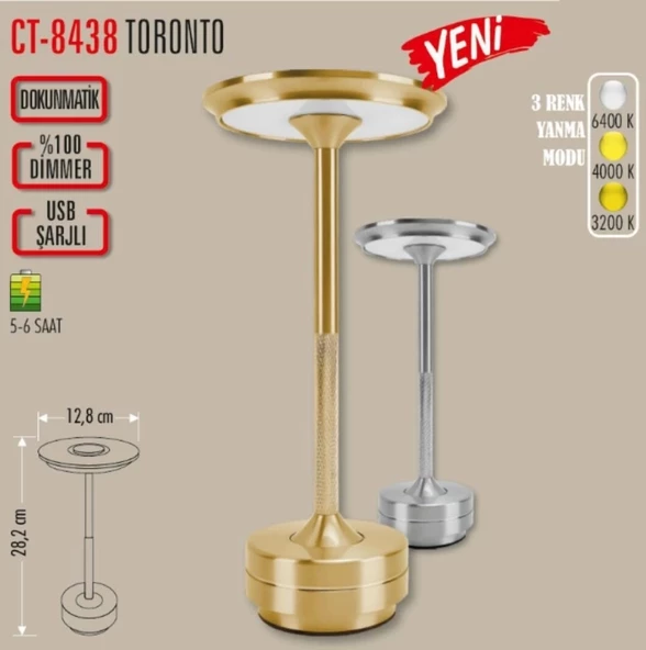 CATA Şarjlı Ledli TORONTO Masa Lambası GOLD 3 Renk Işık Abajur ürün görseli 1