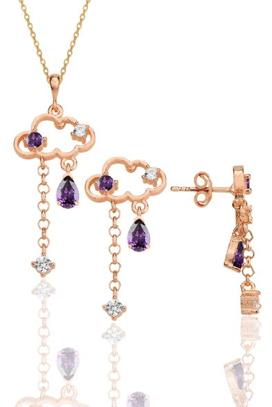 Gümüş rose ametis ve zirkon taşlı bulut kolye ve küpe ikili set SGTL12354ROSE ürün görseli 1