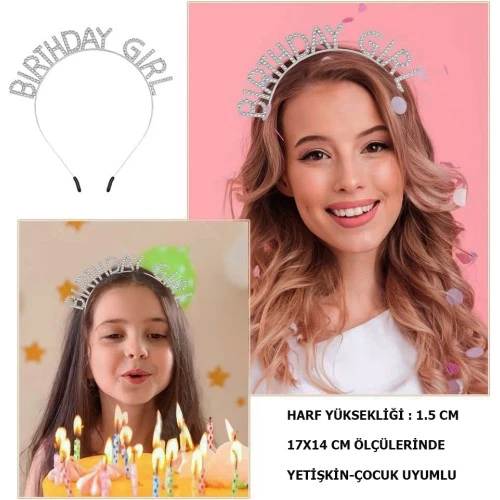 Periboia Kristal Taşlı Gümüş Birthday Girl Parti Tacı ürün görseli 1