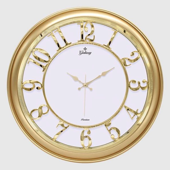 DUVAR SAATİ ALTIN SARISI ÇERÇEVELİ İÇİ BEYAZ 45CM KABARTMA RAKAMLI SELEFON KORUMALI AMERİKAN BRİSTOL KADRAN METALİK AKREP/YELKOVAN/SANİYE AKAR SANİYELİ MEKANİZMA AKRİLİK BOYA ABS HAMMADDE MİNERAL CAM ürün görseli 1