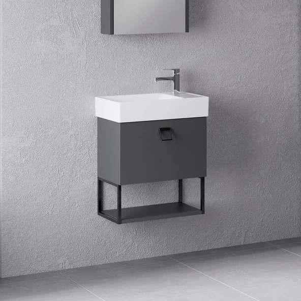 Denko Gloria 50 cm MDF Antrasit Gri Banyo Dolabı Alt Modül ve Seramik Lavabo ürün görseli 1