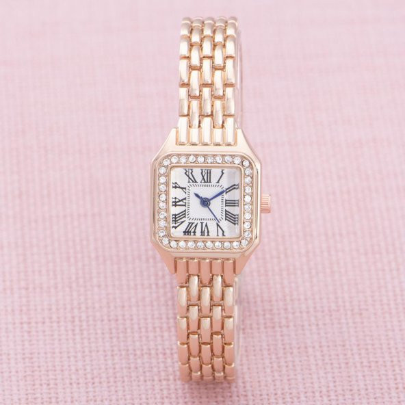 Yeni Sezon Taşlı Retro Model Roma Rakamlı Rose Renk İnce Çelik Kordonlu Saat ST-303872 ürün görseli 1