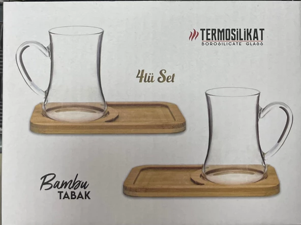 4 Parça Termosilikat Çay Seti Bambu Tabak ürün görseli 1