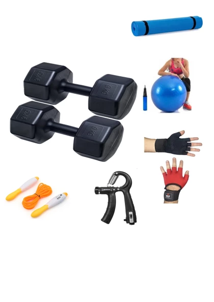 PS SPOR 9 KG DAMBIL X 2 ADET  (18 KG)+ 5 ÇEŞİT PLASTES VE EGZERSİZ SETİ ürün görseli 1