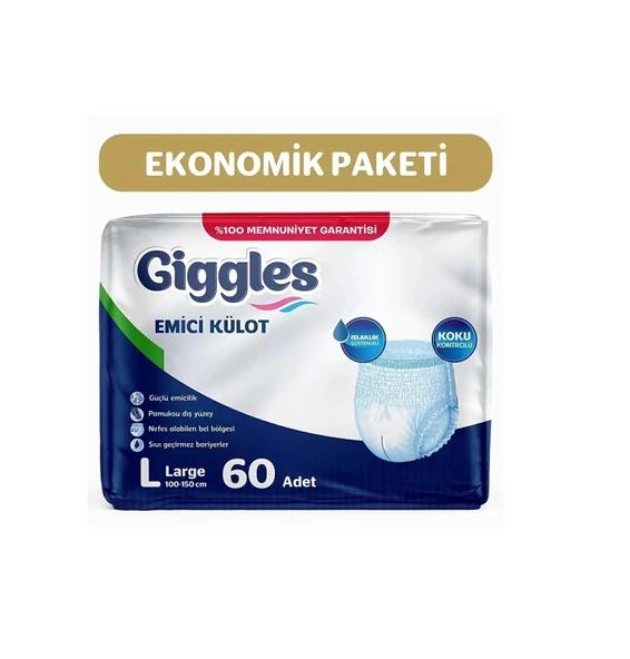 giggles Yetişkin Emici Külot Bez Büyük Boy (large) 30'lu 2 Paket (60 Adet) Bel Boy 100-150 Cm ürün görseli 1