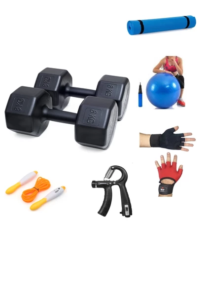 PS SPOR 8 KG DAMBIL X 2 ADET (16 KG)+ 5 ÇEŞİT PLASTES VE EGZERSİZ SETİ ürün görseli 1