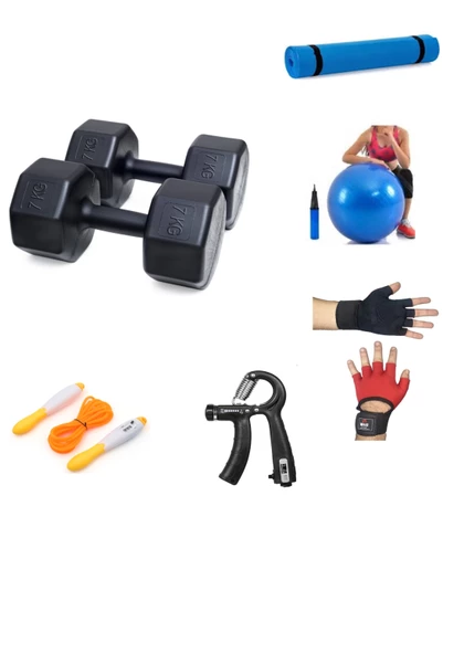 PS SPOR 7 KG DAMBIL X 2 ADET (14 KG) + 5 ÇEŞİT PLASTES VE EGZERSİZ SETİ ürün görseli 1
