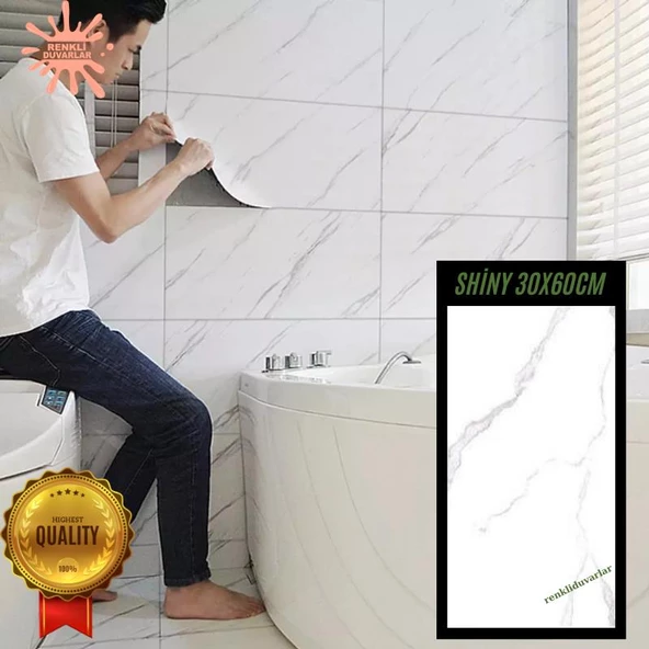 Renkli Duvarlar BS1751 Naturel Shiny Yapışkanlı Beyaz Mermer Desen 1 Adet 30x60cm Banyo Mutfak Duvar Döşeme Paneli ürün görseli 1