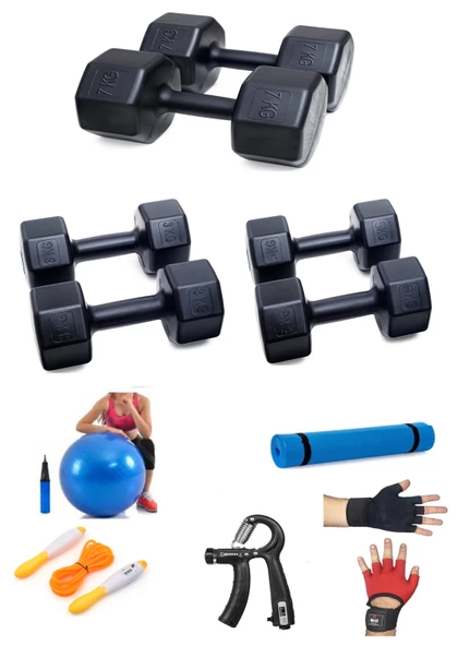 PS SPOR 3 ÇİFT DAMBIL SET 3 KG + 5 KG + 7 KG + 5 ÇEŞİT EGZERSİZ SETİ ürün görseli 1