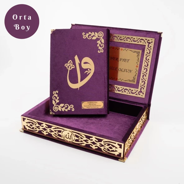 Raşel Kutulu Hediyelik Kuran-ı Kerim (Orta Boy, Mor, Elif-Vav Gold Pleksi) ürün görseli 1