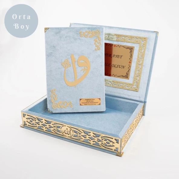 Raşel Kutulu Hediyelik Kuran-ı Kerim (Orta Boy,  Bebe Mavi, Elif-Vav Gold Pleksi) ürün görseli 1