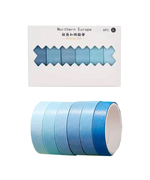 Vintage Washi Tape Bant Yapışkanlı Maskeleme Kağıdı Renkli Bant 6 lı - Mavi Tonları ürün görseli 1