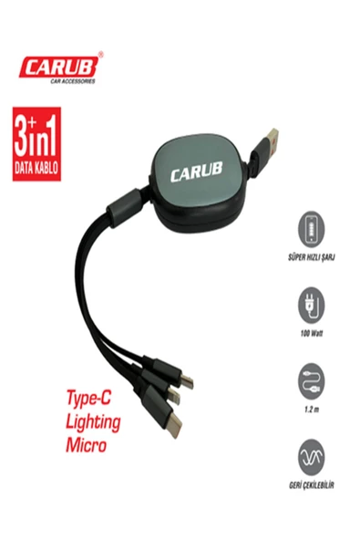 Şarj Kablosu Makaralı Geri Çekilebilir Usb 1.2m 3in1 Lightning+Micro+Type-C Şarj ve Data Kablosu ürün görseli 1