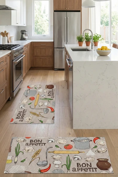 Valerine Life Mutfak Yolluğu Halısı Bon Appetit Afiyet Olsun Krem Renk Tezgah Önü Paspası İkili Kilim Takımı Döküntülere ürün görseli 1