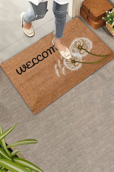 Valerine Life Karahindiba Dilek Otu Temalı Kahverengi Welcome Hoş Geldiniz Kapı Önü Paspası 45x70cm ürün görseli 1
