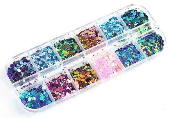 Parlak Tırnak Süsleme Pulları Renkli Altıgen 12'li set Nail Art 002 ürün görseli 1