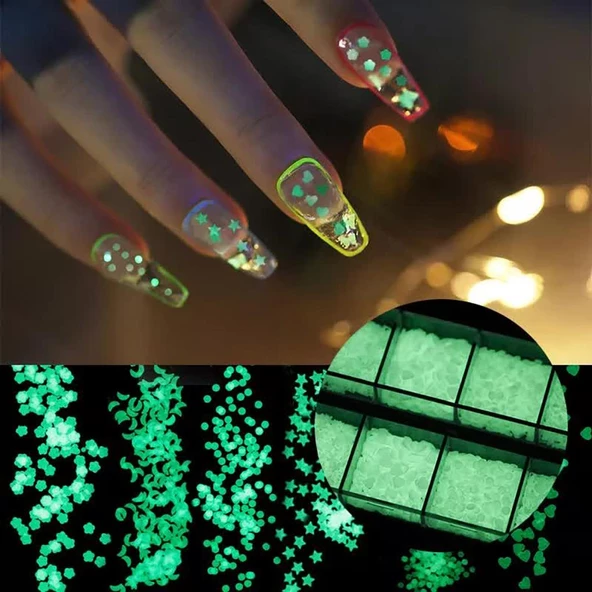 Fosforlu Karanlıkta Parlayan Tırnak Süsleme Pulları 12'li set + Taş Tutucu Kalem Nail Art ürün görseli 1
