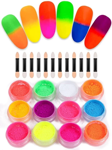 Nail Art Floresan Tırnak Toz Pigment 12li Set Neon Aplikatörlü ürün görseli 1