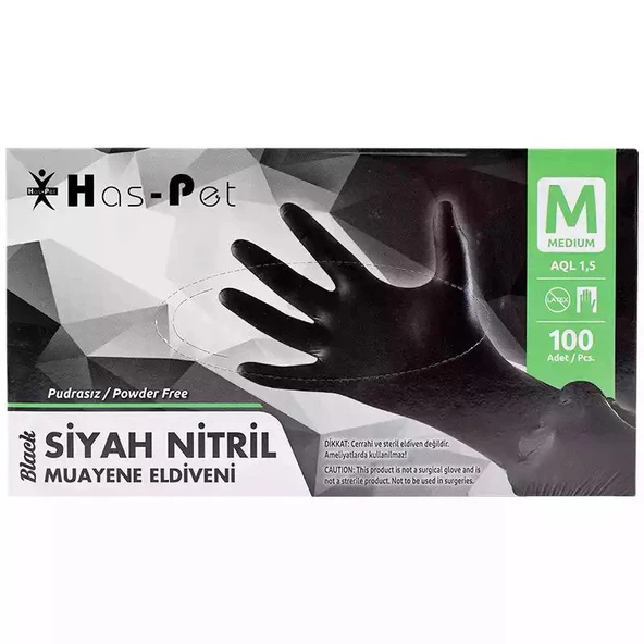 Pudrasız Siyah Nitril Eldiven Medium HasPet 100lü ürün görseli 1