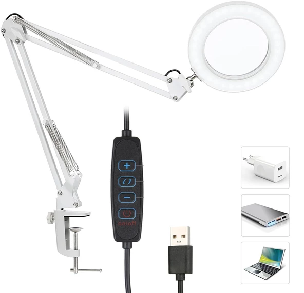 Akrobat Hareketli 8X Büyüteçli Led Işıklı Masa Çalışma Lambası - Mengeneli (Beyaz) ürün görseli 1