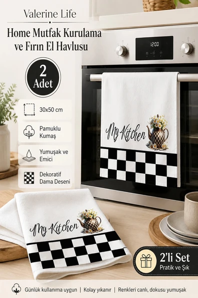 Valerine Life My Kitchen Damalı Papatyalı Mutfak Kurulama Fırın El Havlusu Pamuklu 30x50cm 2 Adet ürün görseli 1