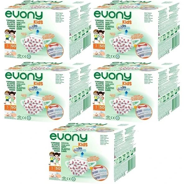 Evony 3 Katlı Filtreli Burun Telli Cerrahi Maske (Kids Çoçuklar İçin) 250 Li Set (Desenli) ürün görseli 1