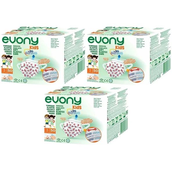 Evony 3 Katlı Filtreli Burun Telli Cerrahi Maske (Kids Çoçuklar İçin) 150 Li Set (Desenli) ürün görseli 1