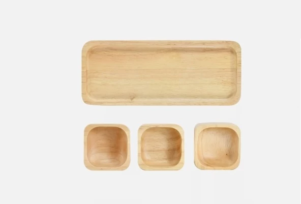 ÇEREZLİK 3 LÜ BAMBU AHŞAP-BAMBOO SNACK BOWL BOYUT: TABAN 29.5 cm x 10.5 cm KASE:9cm x 9cmx3cm ürün görseli 1