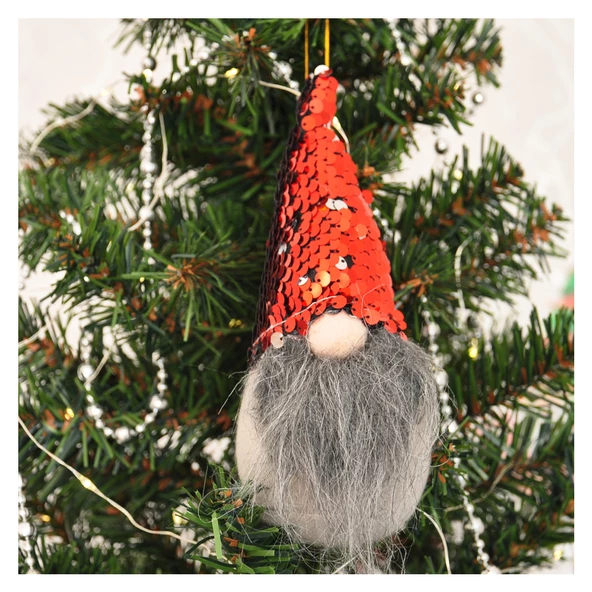 Yılbaşı Ağaç Dekor Süsü Kırmızı Pullu Peluş Noel Baba Cüce 18 cm ürün görseli 1