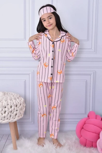 Kız Çocuk Baskılı Penye , Uyku Maskeli Pijama Takım M00668 ürün görseli 1